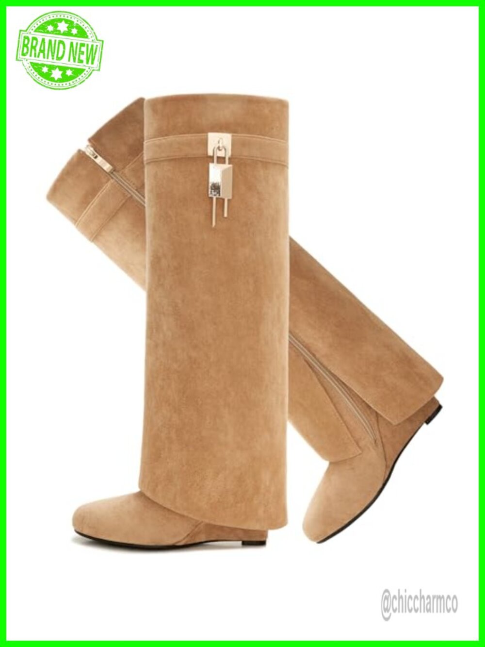 Knee High Fold Over Shark Boots 4-Inch Wedge Heel Side Zip Suede